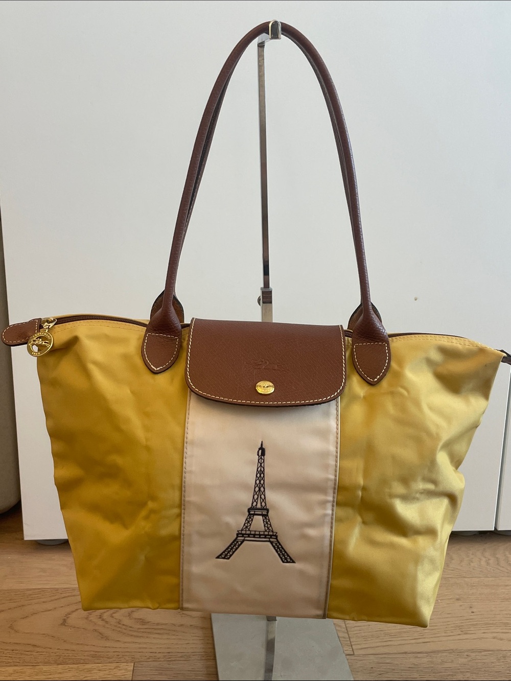 Longchamp Le Pliage Eiffel Tower Paris Tote Bag Yellow Cream Brown Leather Trim